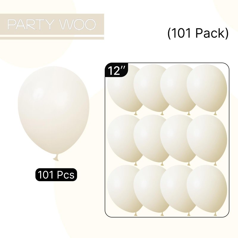 PartyWoo Beige Balloons 101pcs 12 Inch Cream Ivory White Balloons for Wedding Baby Shower Birthday Bridal Shower Graduation Engagement Easter Anniversary Tea Boho Party Decorations White-Q08