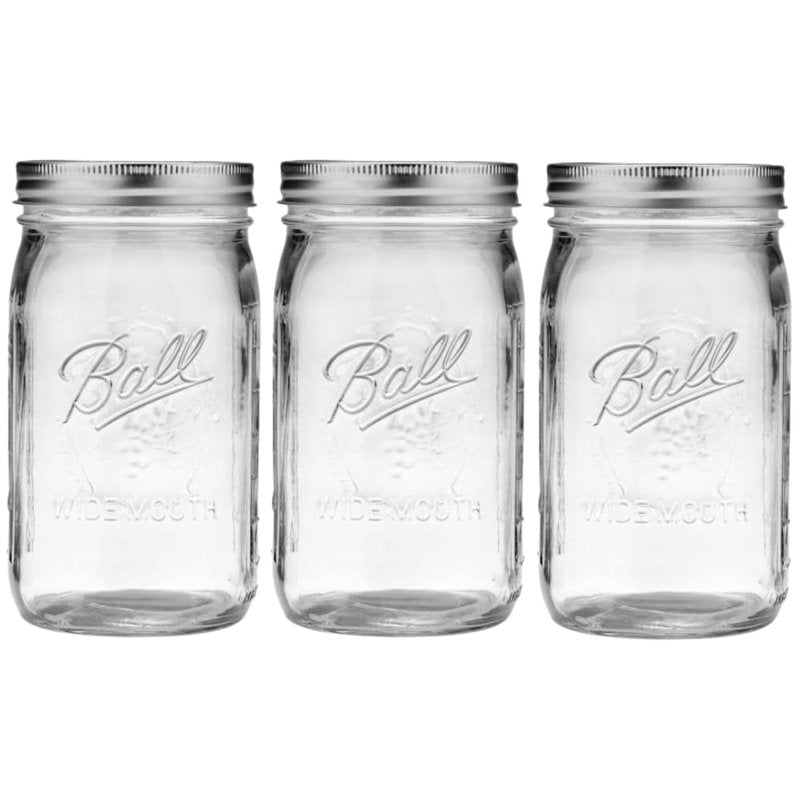 Ball Wide Mouth Glass Mason Jars with Lids and Bands, Used for Canning, Pickling, Juice, Jam, Jelly, Quart Size 32 Ounce (Pack of 3)