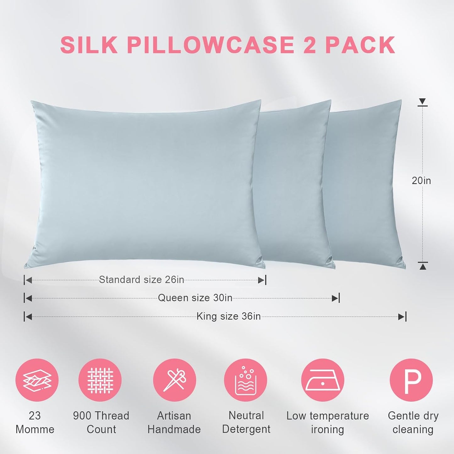Skiennix 100% Silk Pillowcase Set - Luxurious Hair & Skin Care | 23 Momme Mulberry Silk, Ash Blue, Queen 20×30
