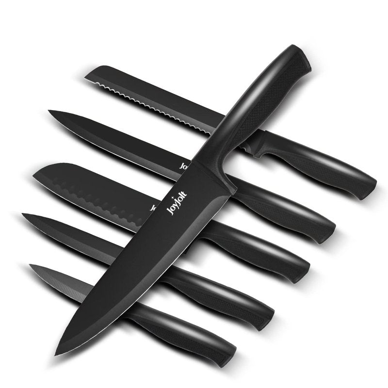 JoyJolt 12pc Kitchen Knives Set (Black). Chefs Knife Set with Sheath Covers. Chef, Butcher, Bread, Slicing, Santoku, Utility and Paring Home And Kitchen Knives Sets