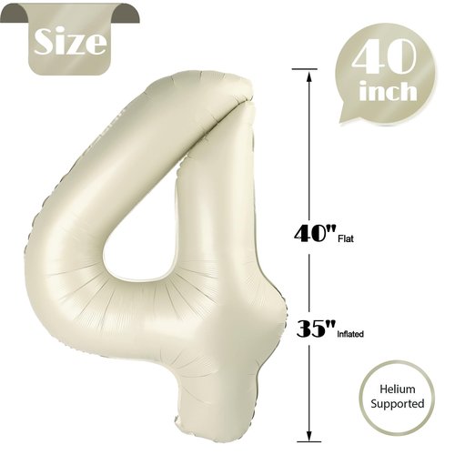 Cream 4 Balloon, Number Balloons 40 Inch, 4th Cream Party Decorations, Four Large Numbers for Party Decor, Number 4 Balloon