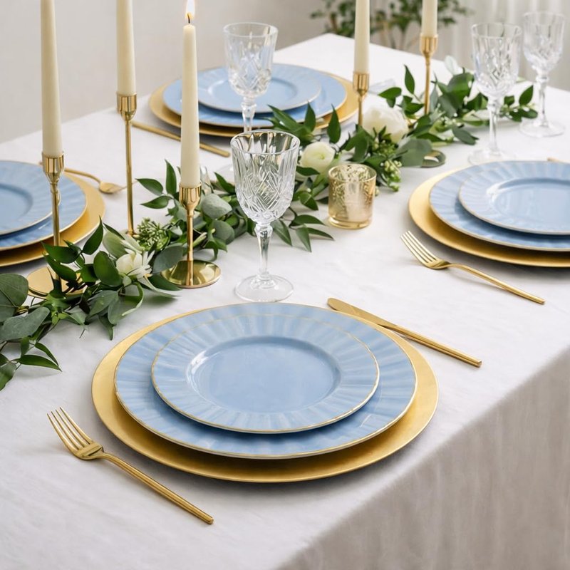 Lillian Tablesettings 32-Piece Blue Plastic Plates Set, 16×10" Dinner & 16×7" Salad Plates, Heavyweight Disposable Plates with Gold Rim, Elegant Petal Design Dinnerware