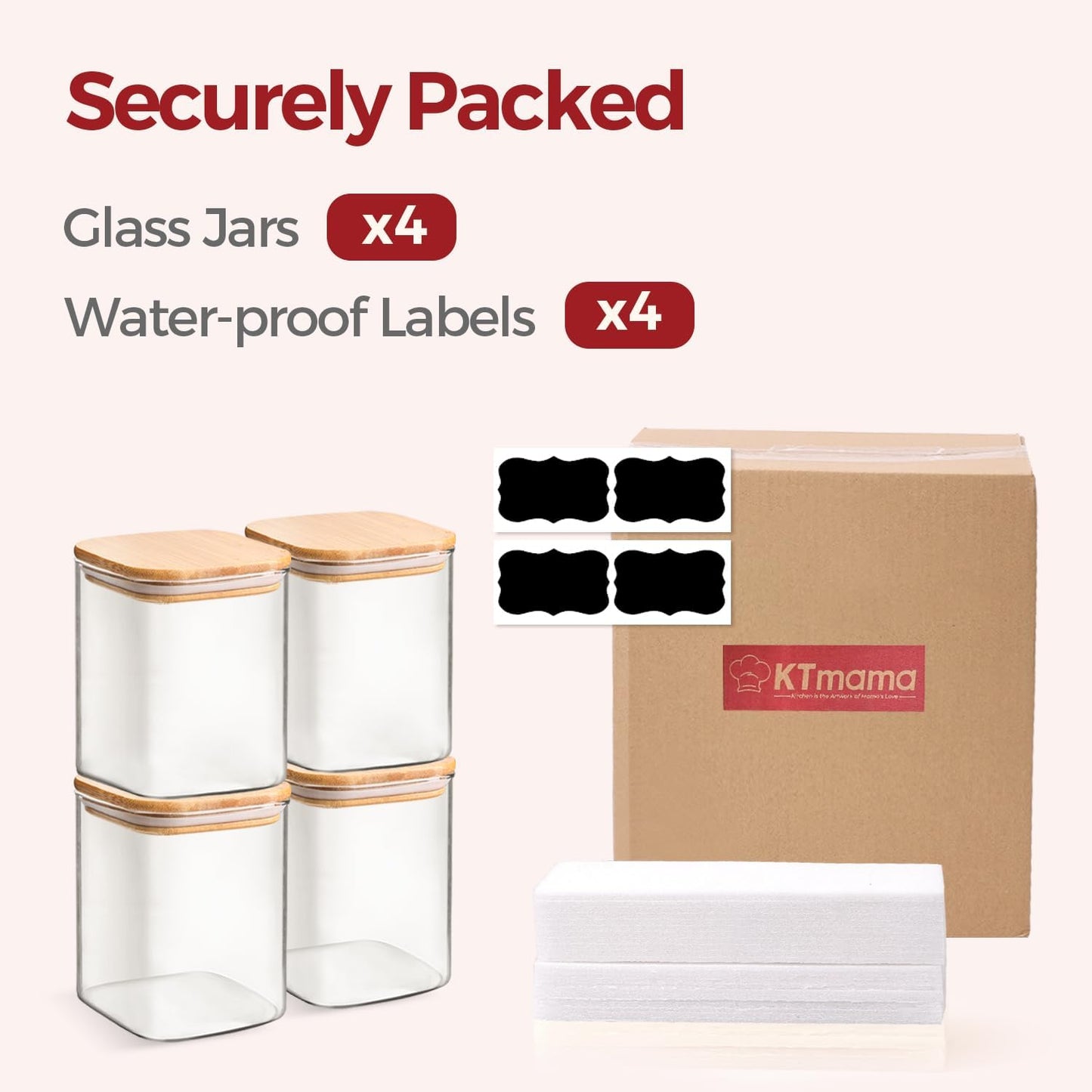 Skiennix 1Qt Airtight Glass Canisters - Bamboo Lid Square Pantry Storage for Coffee, Snacks & More | 4-Pack