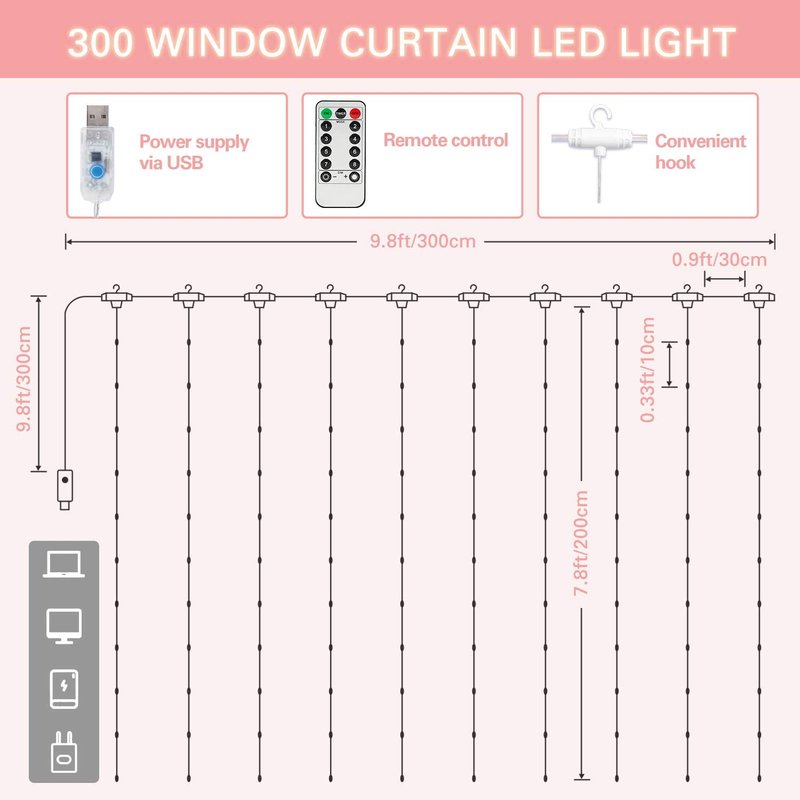SUNNEST LED Curtain Lights Christmas, 300 LEDs 9.8FT x 9.8FT USB Curtain String Light with 8 Lighting Modes Wall Lights with Remote Control, Twinkle Light for Bedroom Decoration (Red)