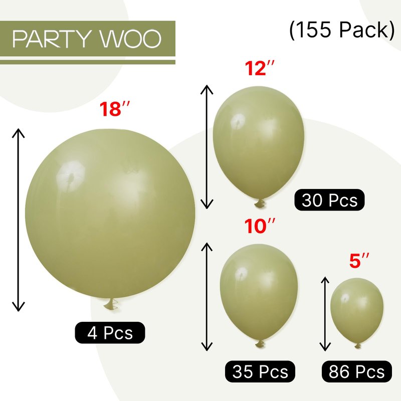 PartyWoo Sage Green Balloons 155pcs Different Sizes of 18 12 10 5 Inch Olive Boho Green Latex Balloon Arch Kit for Wedding Birthday Dinosaur Jungle Golf Football Theme Party Decorations Green-F11