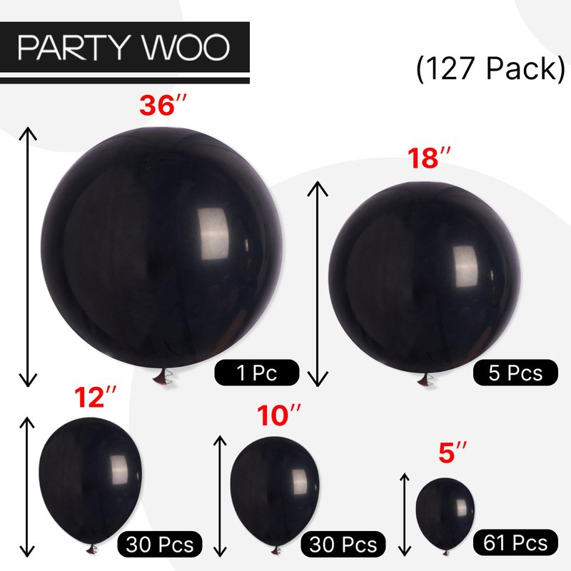 PartyWoo Black Balloons 127 pcs Different Sizes Pack of 36 18 12 10 5 Inch Matte Black Latex Balloon Arch Kit Garland for Graduation Halloween New Year Anniversary Birthday Party Decorations Black-Y18