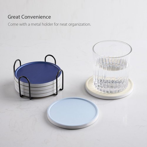 Hoomey Set of 6 Beige and Blue Coasters with Holder, Absorbent Ceramic Drink Coasters with Cork Backing for Table Protection, Table Decor, Housewarming Gifts