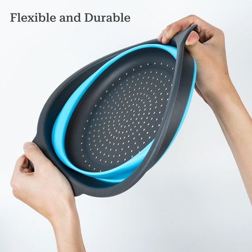 Cluren Collapsible Colander 3-Pack Set Space-Saving Foldable Kitchen Strainer with Non-Slip Base Durable Thickened PP+TPE Collapsible Strainers for Pasta, Vegetables, Fruits (Gray-Blue)