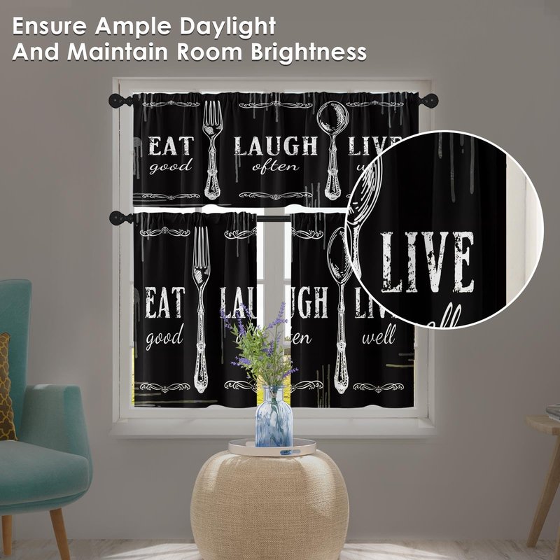 Tayney Black White Kitchen Window Curtains Valance and Tier Set 36 Inch Farmhouse Eat Good Laugh Often Live Well Rod Pocket Short Tier Curtain, Abstract Small Drapes for Kitchen Decor