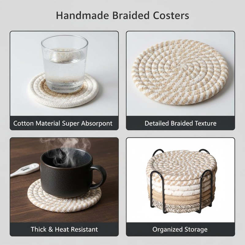 ZEXOLAP Drink Coasters Set of 8 with Holder – Cotton Woven Absorbent Coasters, 4 Colors for Coffee, Beer, Drinks & Tabletop Protection