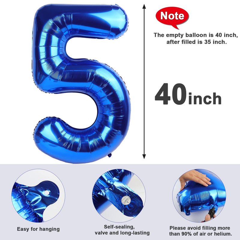 5 Balloon Numbers 40 Inch Blue Birthday Decorations for 5th Boys Girls, Self Inflating Big Navy Number Balloons for 15 25 35 50 Women Men Graduation Party Decor Supplies