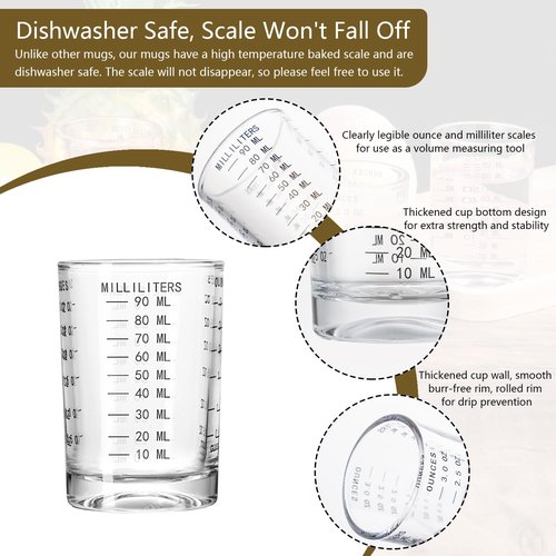 GLASKEY 2 Pack Shot Glass Measuring Cup Set,3 oz/90ML Liquid Heavy High Espresso Glass Cup,Dishwasher Safe,Measurement of Dry and Liquid Ingredients(Black)