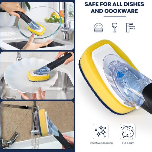 Dish Brush with Soap Dispenser Storage Set with 2 PCS Sponge Refills & Holder, Soap Dispensing Dish Brushes, Sponge with Soap Dispenser Handle, Dish Sponges with Handle for Dishes Pans Pots Sink