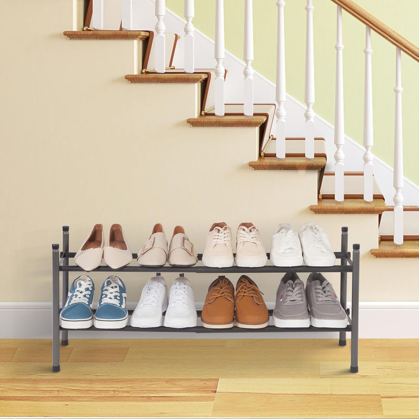 Storage Maniac Expandable Shoe Rack - 8 Pairs Stackable Metal Organizer for Closet & Entryway | Black 2-Tier