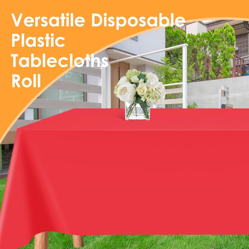 tujol Red Disposable Plastic Table Cloth Roll 54" X 100', Plastic Table Cover with Cutter Box, Cut to Size Disposable Tablecloth for Parties