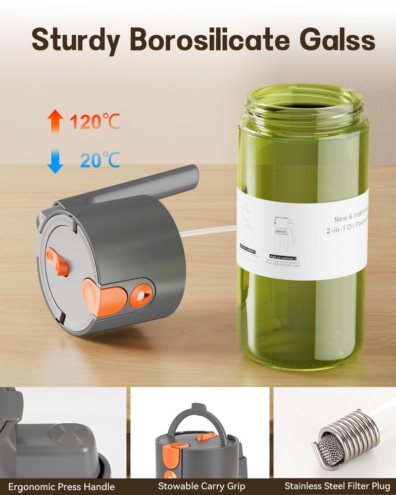 OURCABECUE Upgrade 2 in 1 Oil Sprayer for Cooking, 17oz Light-Blocking Glass Olive Oil Dispenser Bottle for Kitchen,Food-Grade Oil Mister with 8 Stickers for Salad, Frying (Green Bottle-Grey Gap)