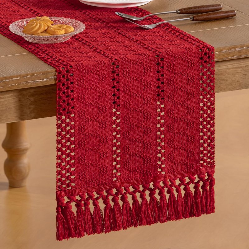 Socomi Boho Table Runner Macrame Long Summer Farmhouse Woven Cotton Linen Rustic Coffee Table Runner with Tassels for Dresser Scarf Home Decor Dining Room 12x108 in Red