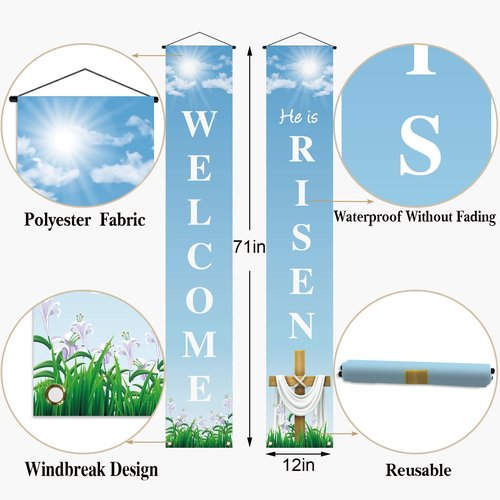 He Is Risen Porch Banner Easter Christian Cross Lily Religious Holiday Party Front Door Sign Wall Hanging Party Decoration