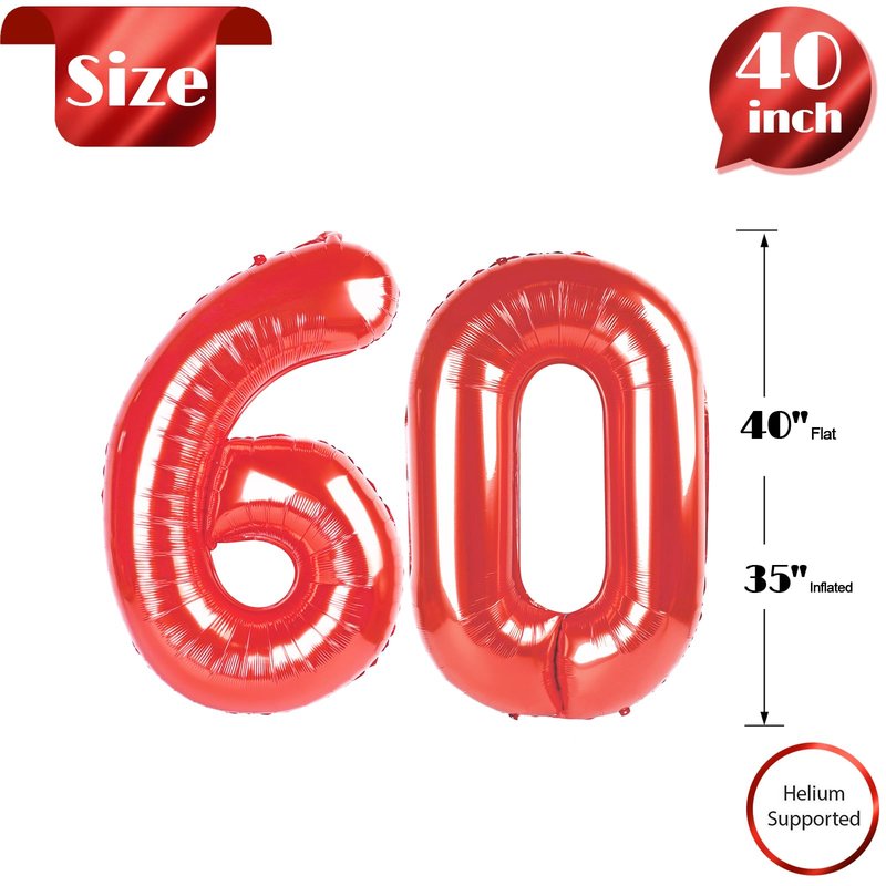 Red Number 60 Balloon 40 inch, 60 Number Balloons, 60th Red Birthday Decorations, 60 Year Old Girls Boys Party Supplies