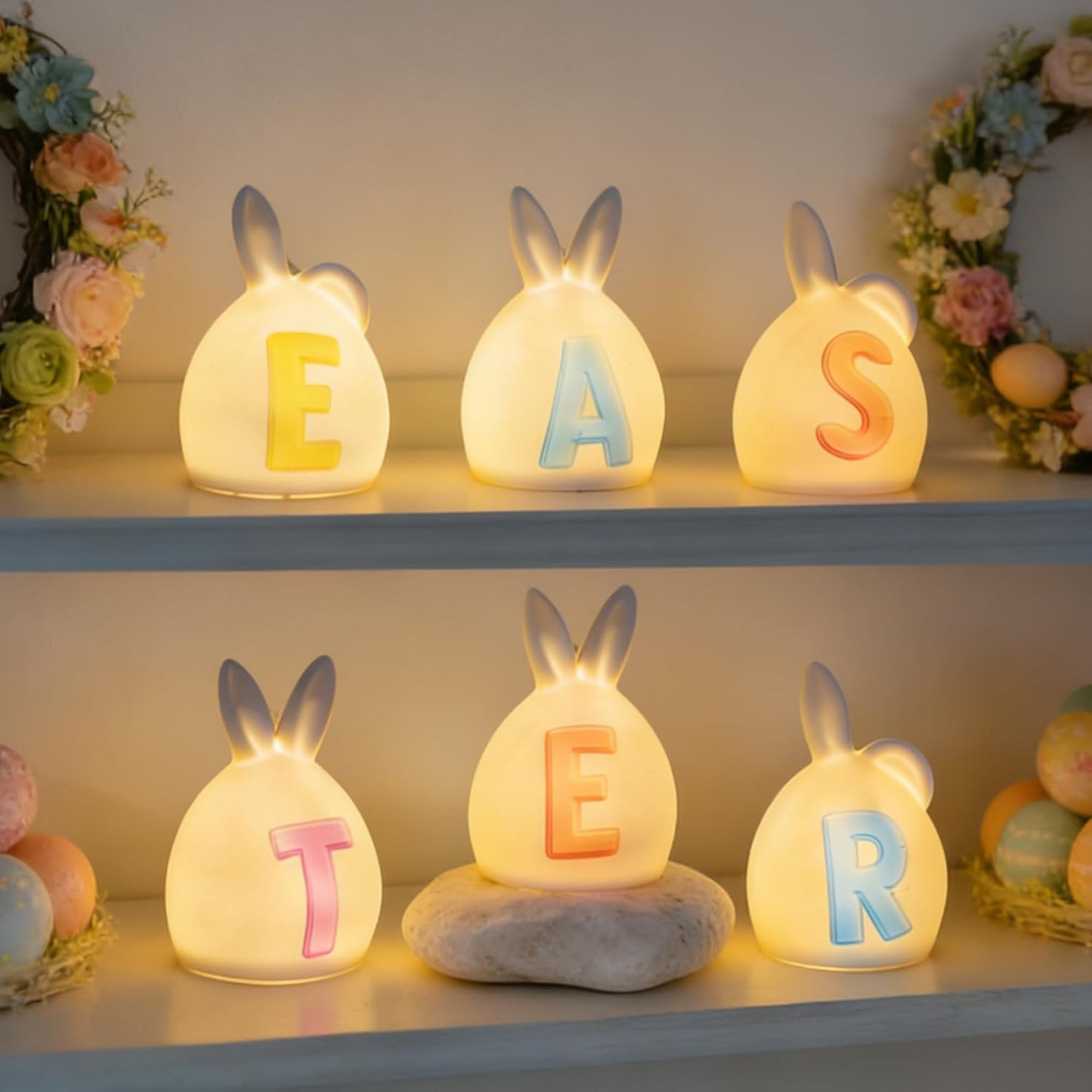Nerosun Easter Bunny Decorations - 6 Pack Ceramic Lighted Rabbit Figurines | Spring Table Centerpiece