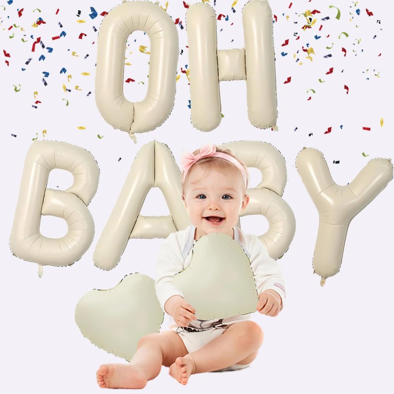 Baby Shower Decorations 8 Set 40 Inch OH BABY Letter Heart Balloons Giant Ice Cream White Foil Balloon Alphabet Banner for Gender Reveal Boho Decor Boy and Girl Neutral Ivory Backdrop Party Decoration