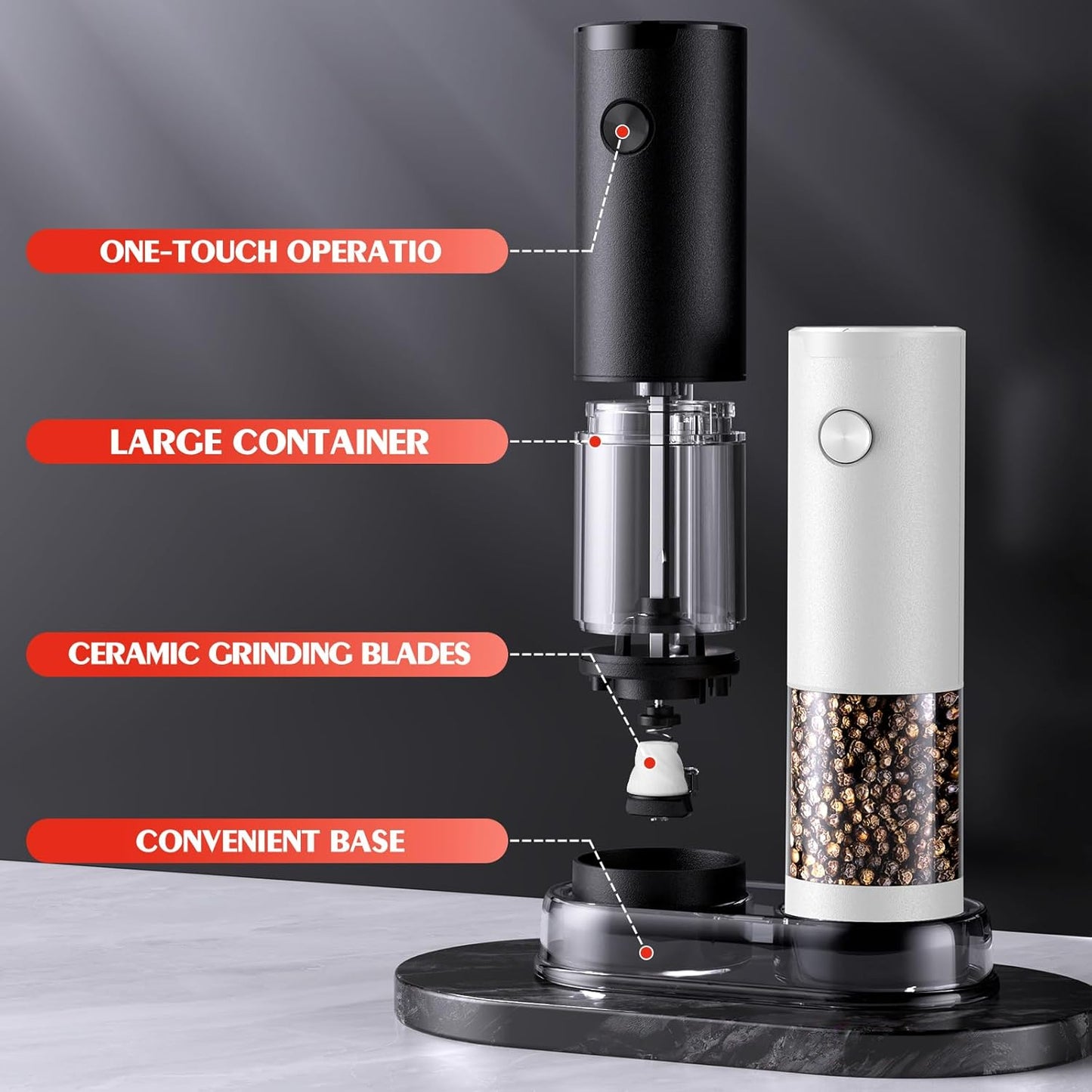 Skiennix Electric Salt and Pepper Grinder Set - Automatic Kitchen Mill with Adjustable Coarseness & LED | Large Capacity