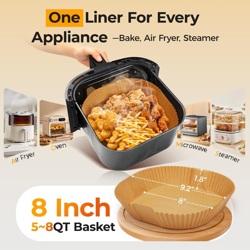 300 Pcs Air Fryer Paper Liners, 8" Square Air Fryer Liners Disposable, Heavy-duty Parchment Paper for 5-8 qt Airfryer Basket, Non-Stick & Grease Proof Baking Liner for Oven Pan