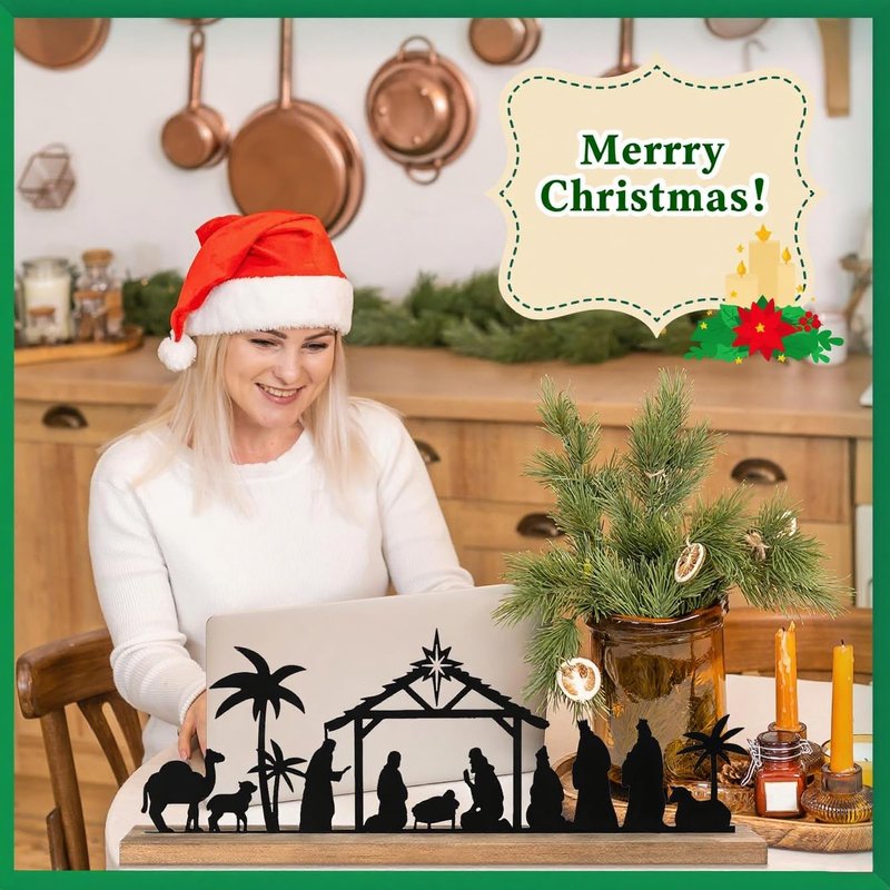 Akulgaci Metal Nativity Sets for Christmas Decorations Black Metal Nativity Scene with Wooden Base for Xmas Home Indoor Mantel Tabletop Office Kitchen Table Shelf Decor (Classic)