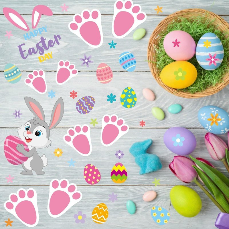 AUGSUN 275PCS Easter Bunny Footprint Stickers Set for Floor, Rabbit Footprints Easter Stickers with Eggs Flower Patterns, 48PCS Bunny Paw Prints for Egg Hunting Holiday Party Window Floor Decoration