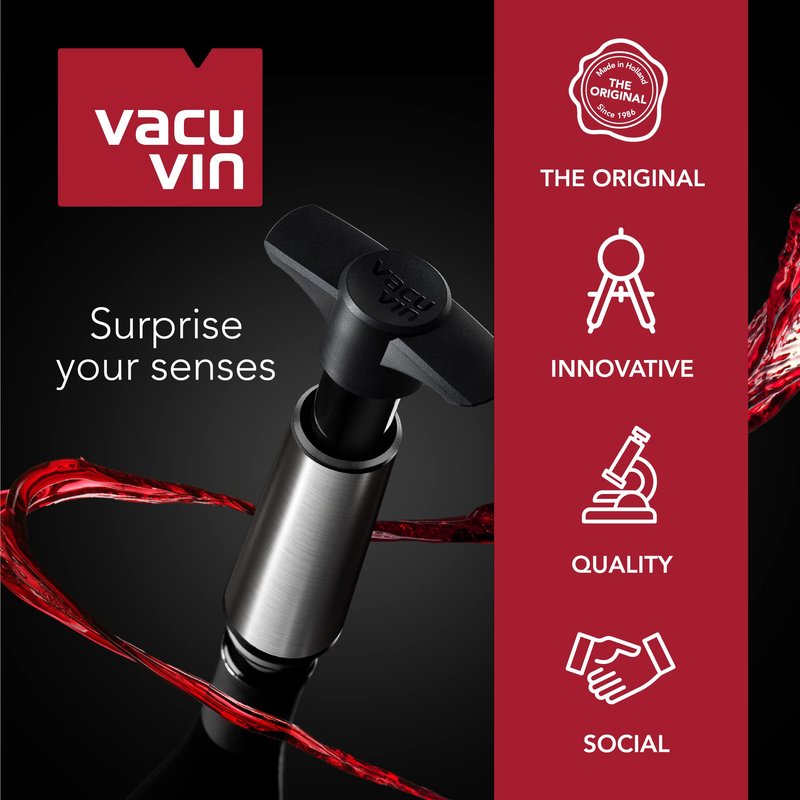 Vacu Vin Wine Saver Pump Pink with Vacuum Wine Stopper - Keep Your Wine Fresh for up to 10 Days - 1 Pump 6 Stoppers - Reusable - Made in the Netherlands