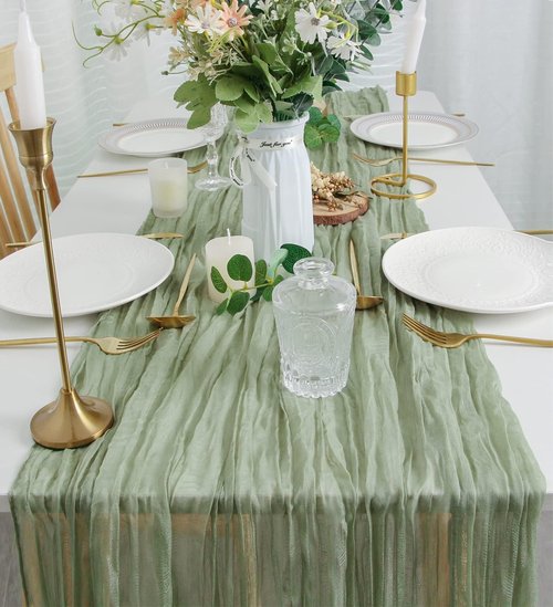 FEXIA Cheesecloth Table Runner Sage Green for Woodland Baby Shower Bridal Wedding Decoration Gauze Rustic Table Runner for Party First Communion Centerpiece Engagement 35x120 Inches