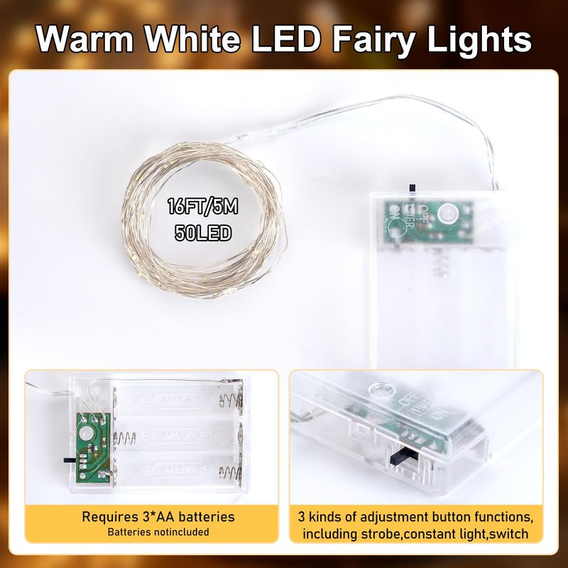 YPHSOL Fairy Lights Battery Operated String Lights 16.4ft 50LED Flashing and Constant Light Waterproof Silver Wire for Christmas DIY Party Wedding Decoration (Warm White, 2 Pack)