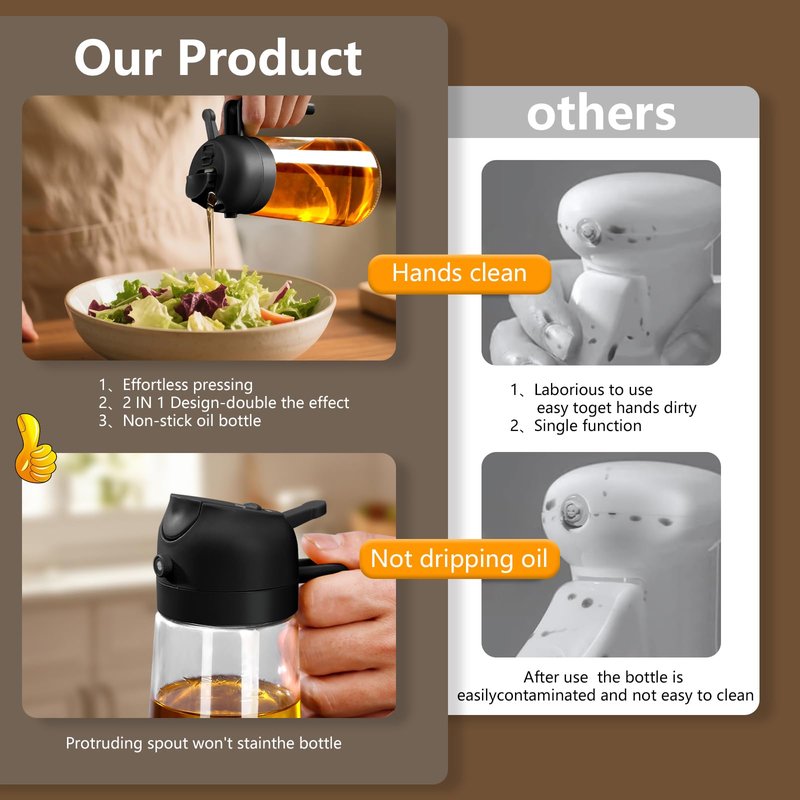 SWEET VIEW Olive Oil Sprayer for Cooking, 16oz/470ml Glass Oil Dispenser/Pour Bottle, Kitchen Accessories, Kitchen Gadgets for Air Fryer, Salad, BBQ, with Stickers (Black)