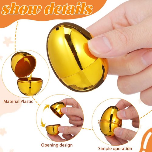 DECHOUS 12Pcs Golden Plastic Easter Eggs Fillable 2.4 Inch Easter Baskets Stuffers Shiny Metallic Empty Eggs for Hunt Game, Spring Festive Party Favor, Classroom Prizes