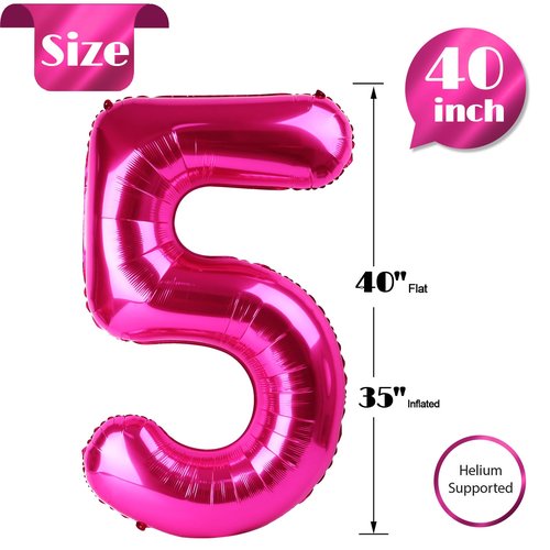 Hot Pink Number 5 Balloon 40 Inch, 5th Birthday Party Decorations for Children, Giant 5 Foil Balloon for Party Supplies