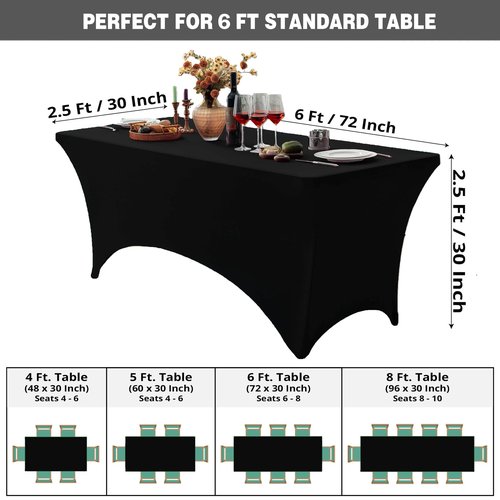 FOLINS&HOME Black 6ft Fitted Rectangle Tablecloth with Elastic, Water Resistant Washable Spandex Table Cover for 6 Foot Folding Tables, Stretch Table Cloth for Weddings, Banquets, Parties