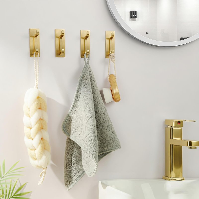 pickpiff Self Adhesive Hooks, Extra Sticky 10LB (Max), Heavy Duty Stainless, Stick On Wall and Door Hooks for Hanging, Bathroom Towel Hooks and Coat Hooks, Robe Hook Wall Mounted, Gold, 4 Pack
