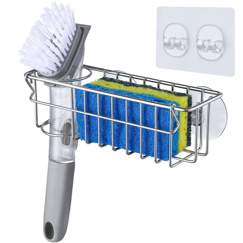 3-In-1 Sponge Holder for Kitchen Sink with Suction Cups & Adhesive Hook , In-sink Sponge Holder, Wall Hanging Sink Caddy Organizer Rack - Sponge, Dish Cloth, Brush, Scrubber - 304 Stainless Steel