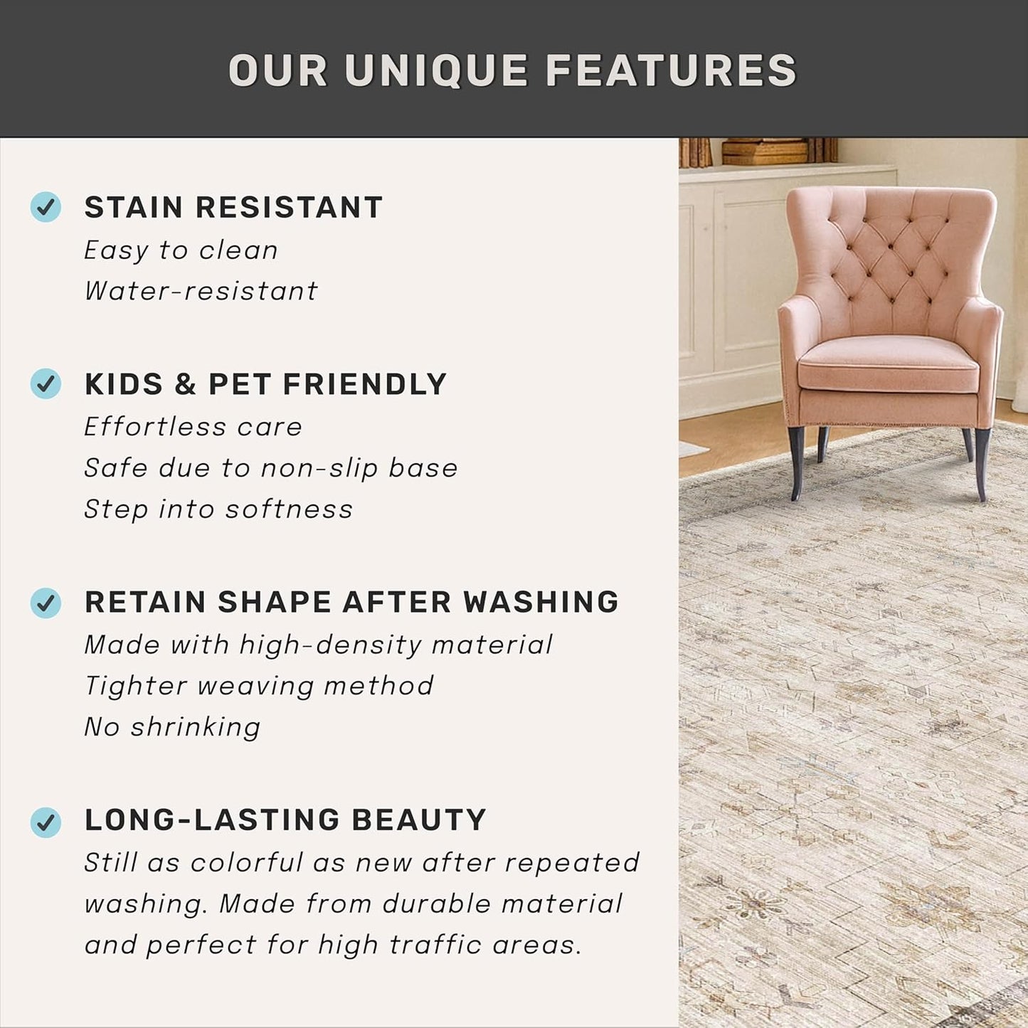 Regine Switzerland Washable Floral Area Rug - Stain Resistant, Foldable Design | 10x14 ft, Light Beige