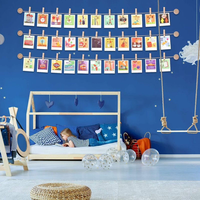 Mudder Aesthetic Dorm Room Photo Display with 50 Clip, Boho Wooden Hanging Picture String Wall Decor, Damage-free Photo Holder for Teen Girl Bedroom, College Apartment, Renter Friendly