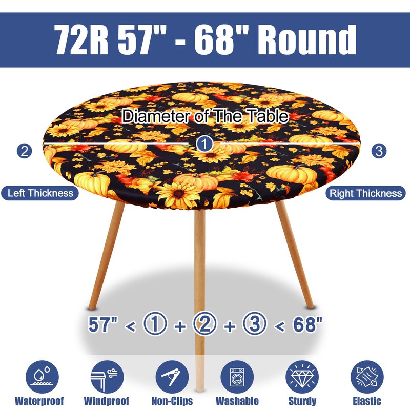 Moosfor Round Spandex Thanksgiving Tablecloth, Elastic Fitted Waterproof Tablecloths for 57"-68" Tables, Stretch Washable Picnic Table Cover for Autumn Harvest Parties, Pumpkin Sunflower
