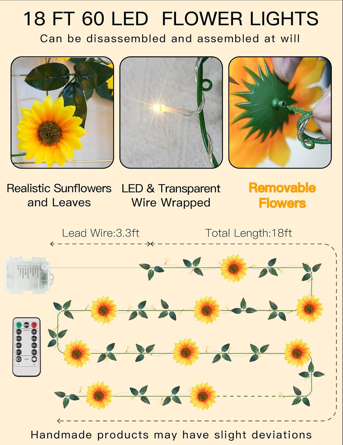 Suddus Artificial Sunflower Garland - 60 LED Fairy Lights | Battery Operated Indoor/Outdoor Decor (Warm White)