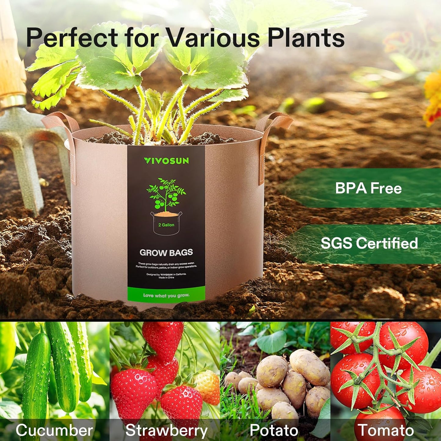 VIVOSUN Grow Bags - Heavy Duty 2 Gallon Nonwoven Fabric Pots with Strap Handles | 5-Pack in Tan