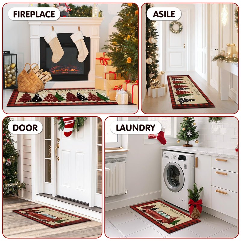 StepRite Kitchen Mats for Floor, 2 PCS Christmas Kitchen Rugs, Non-Slip Bottom with Christmas Tree Print, Low-Profile Mat for Home, Office, Sink, Kitchen,Hallway,Holiday Decor(17”x30”+17”x47”-Red)