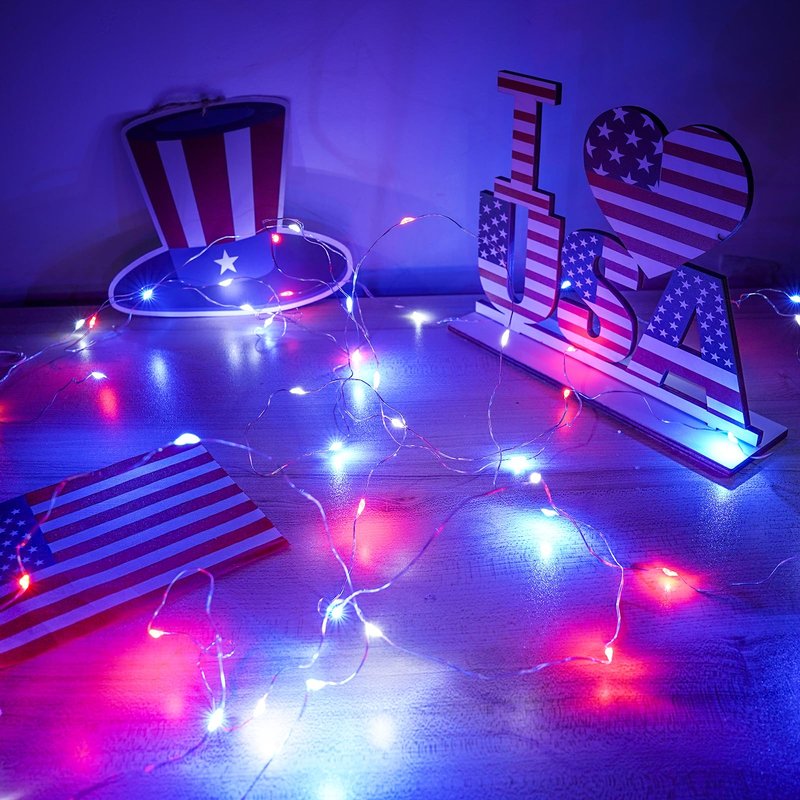 4th of July Decorations, 4 Pack Red White and Blue Fairy Lights Battery Operated with Timer, Waterproof 16FT 50 LED Starry String Lights for Independence Day 250th Anniversary Memorial Day Home Decor
