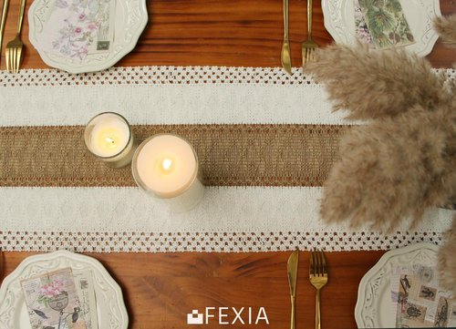 FEXIA Boho Table Runner 36 Inches Long(Without Tassel) Thanksgiving Farmhouse Home Decor Rustic Cream & Brown Macrame Table Runner for Dining Bedroom Decor(12x36 Inches)