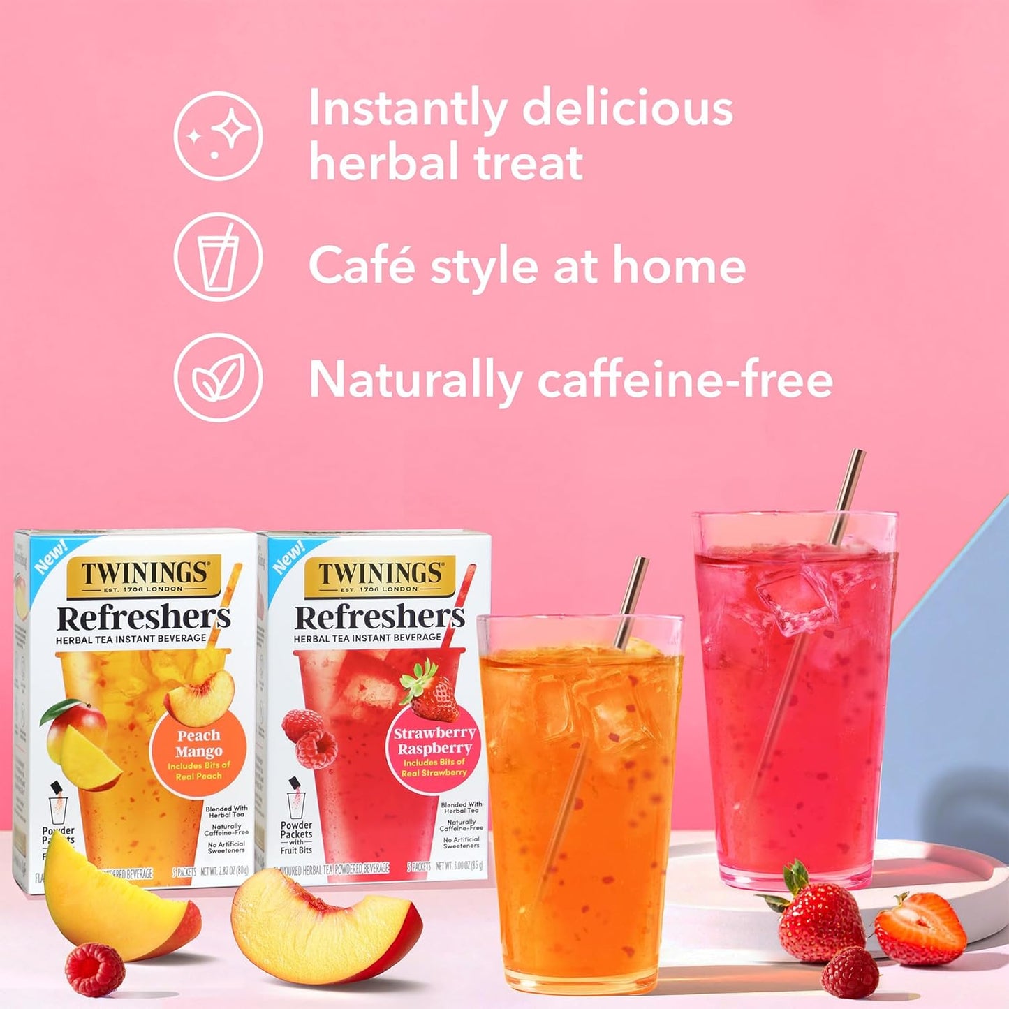 Twinings Peach Mango Herbal Tea | Instant Beverage with Real Fruit Bits | 30 Packets, Caffeine-Free Refreshment