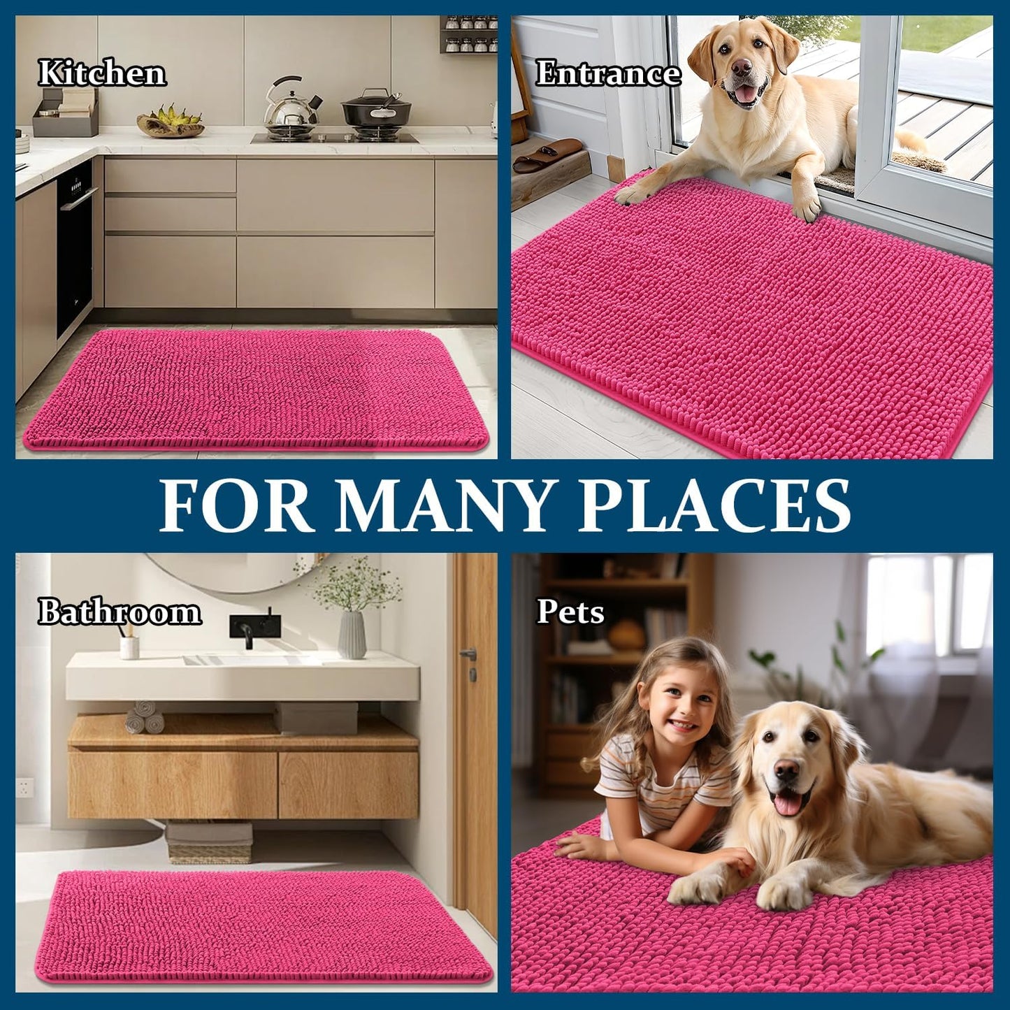 OLANLY Dog Door Mat - Absorbent Non-Slip Chenille Mud Mat for Muddy Paws | 59x20, Hot Pink