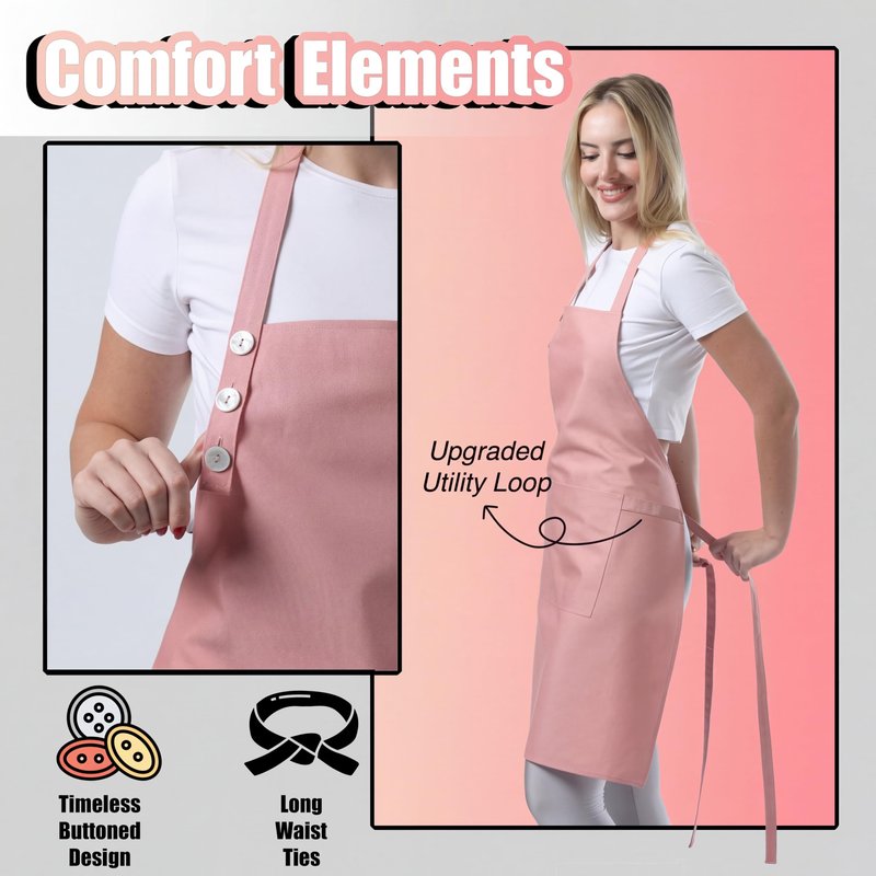 TOSHE Kitchen Apron Waterdrop Resistant Cotton Apron with adjustable Aprons for Women with Pockets 10 Color option Cooking Powder Pink Apron (Powder Pink)