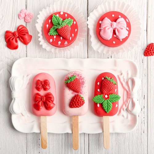 JOERSH 4PCS Strawberry Fondant Molds, Bow Fondant Silicone Molds, Fruit Baking Mold for Cake Decorating, Cupcake Topper, Chocolate, Candy, Candle, Clay